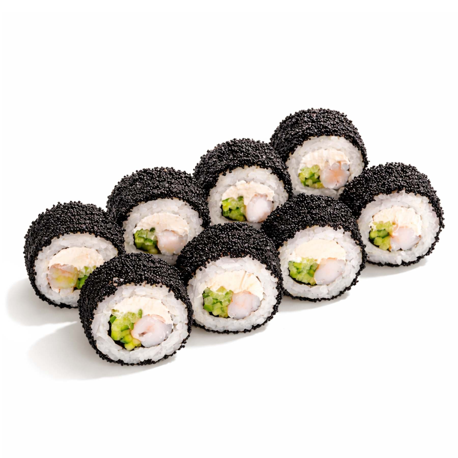 Ролл Черная Жемчужина - Ароматные креветки, хрустящий огурчик, сливочный сыр и чёрная икра масаго