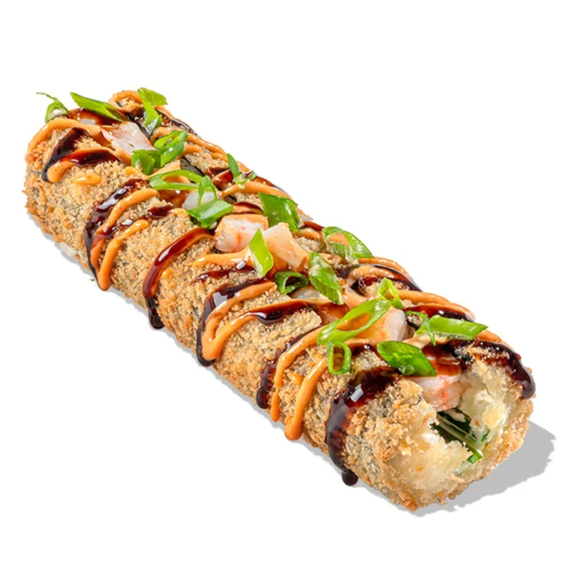 Маки-дог Том Ям с креветками - Ароматные креветки, сливочный сыр, хрустящий огурчик, рис, нори, соус унаги, зелёный лук и пикантный соус том ям