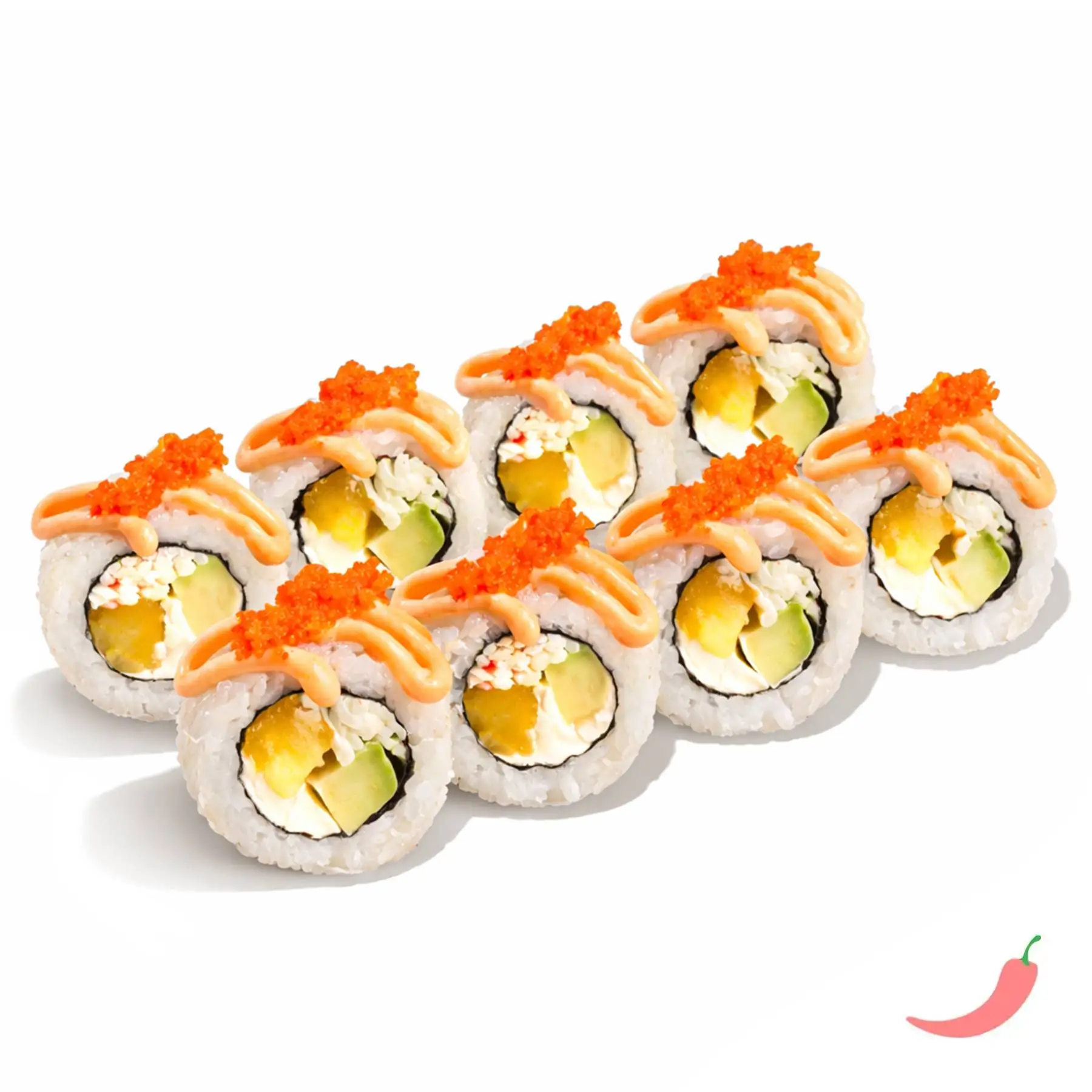 Ролл Тропический Краб - Крабовый микс, спелый авокадо, консервированный манго, сливочный сыр, японский майонез, острый соус, икра масаго