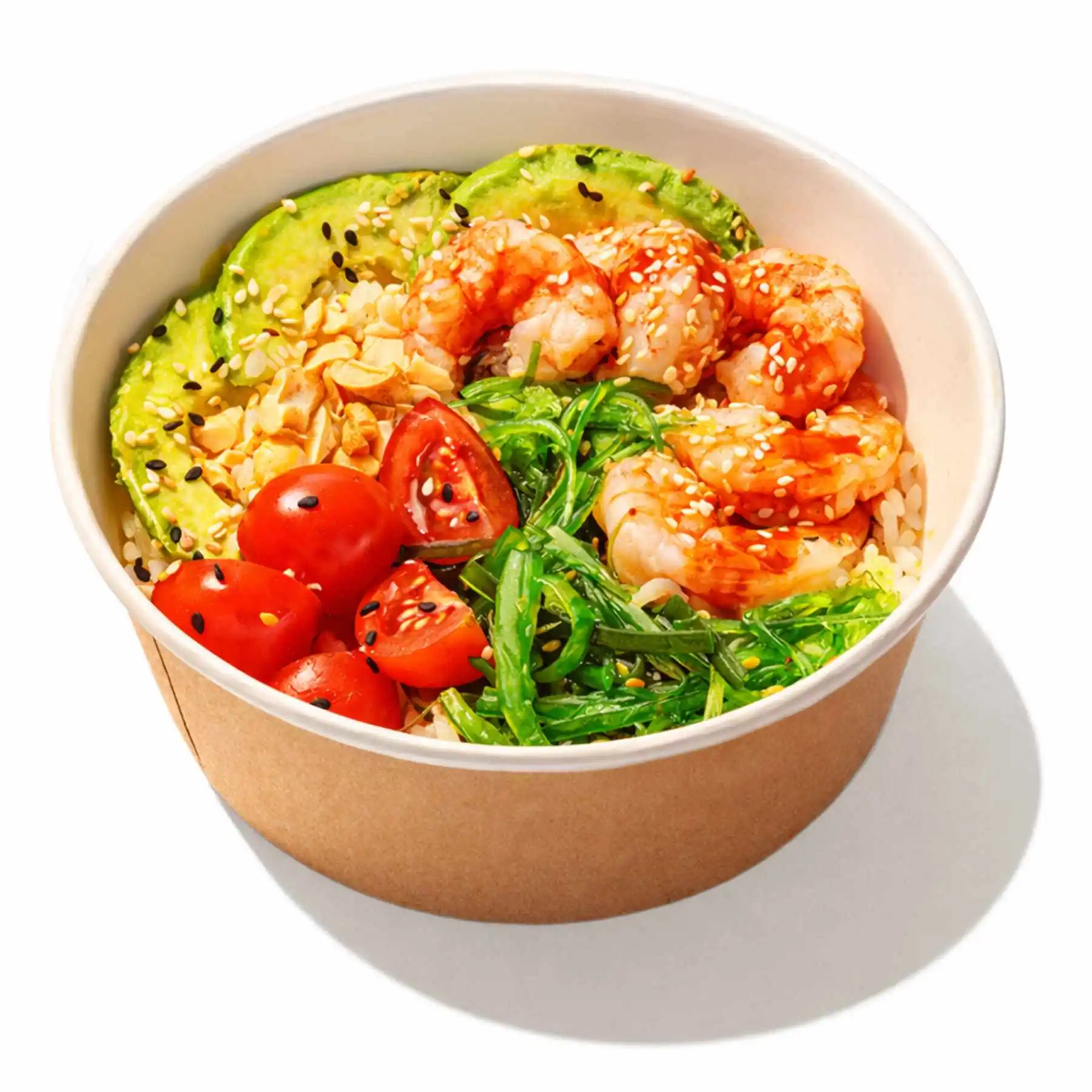 Поке с креветками - Ароматные креветки, спелое авокадо, томаты черри, сочная чука, кешью, кунжут, соус поке и рис