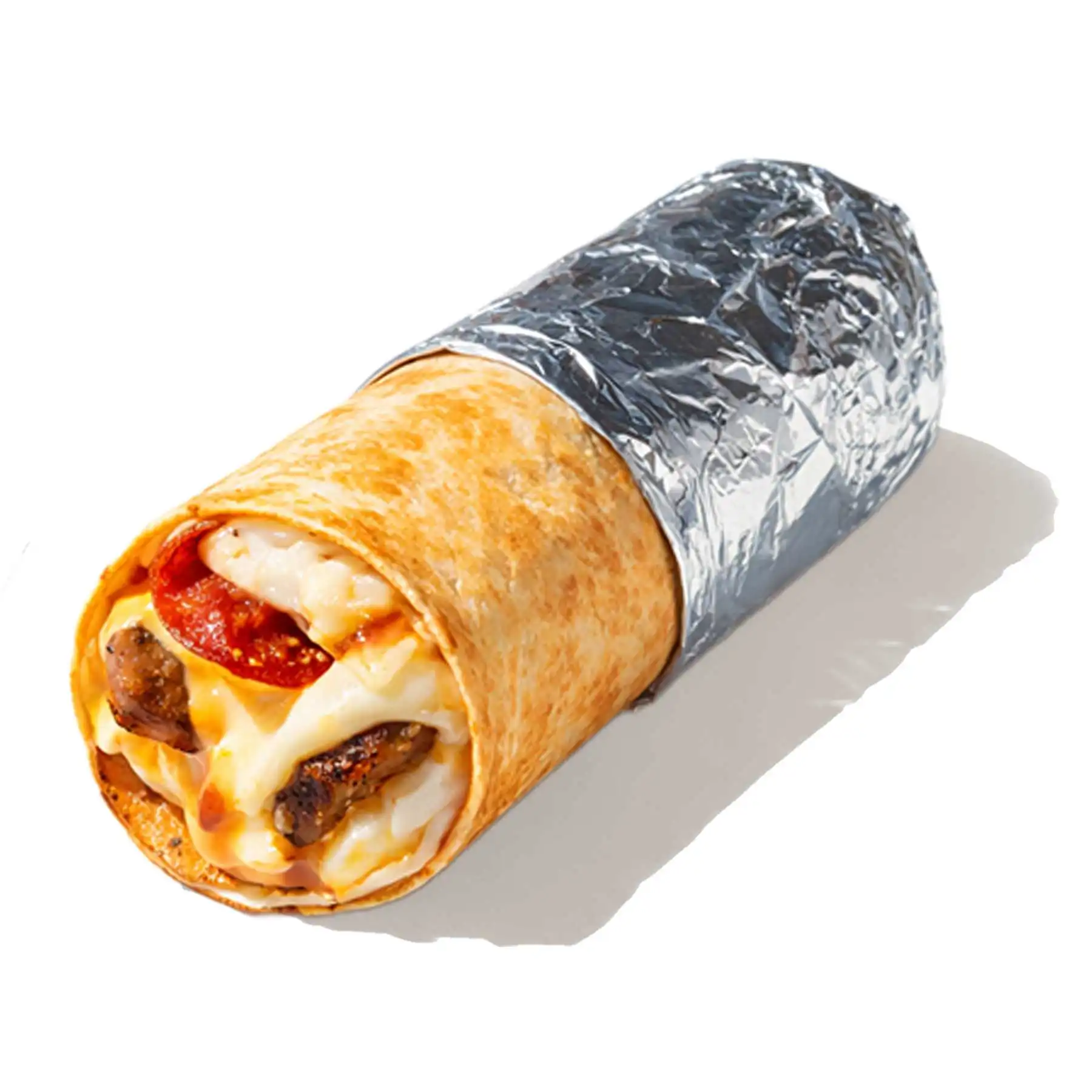 Супермясной ролл - Запеченный ролл с цыпленком, моцареллой, сочными свиными колбасками, острыми колбасками чоризо и соусом бургер в тонкой пшеничной лепешке