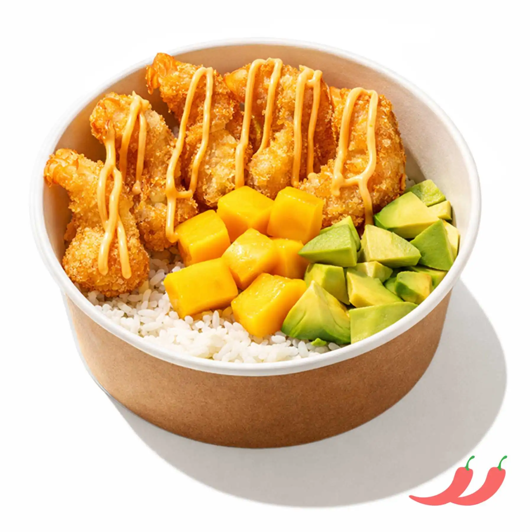 Боул Креветки Кацу с рисом и соусом Том Ям - Пять сочных креветок в хрустящей панировке с рисом, спелым авокадо, консервированным манго и пикантным соусом том ям