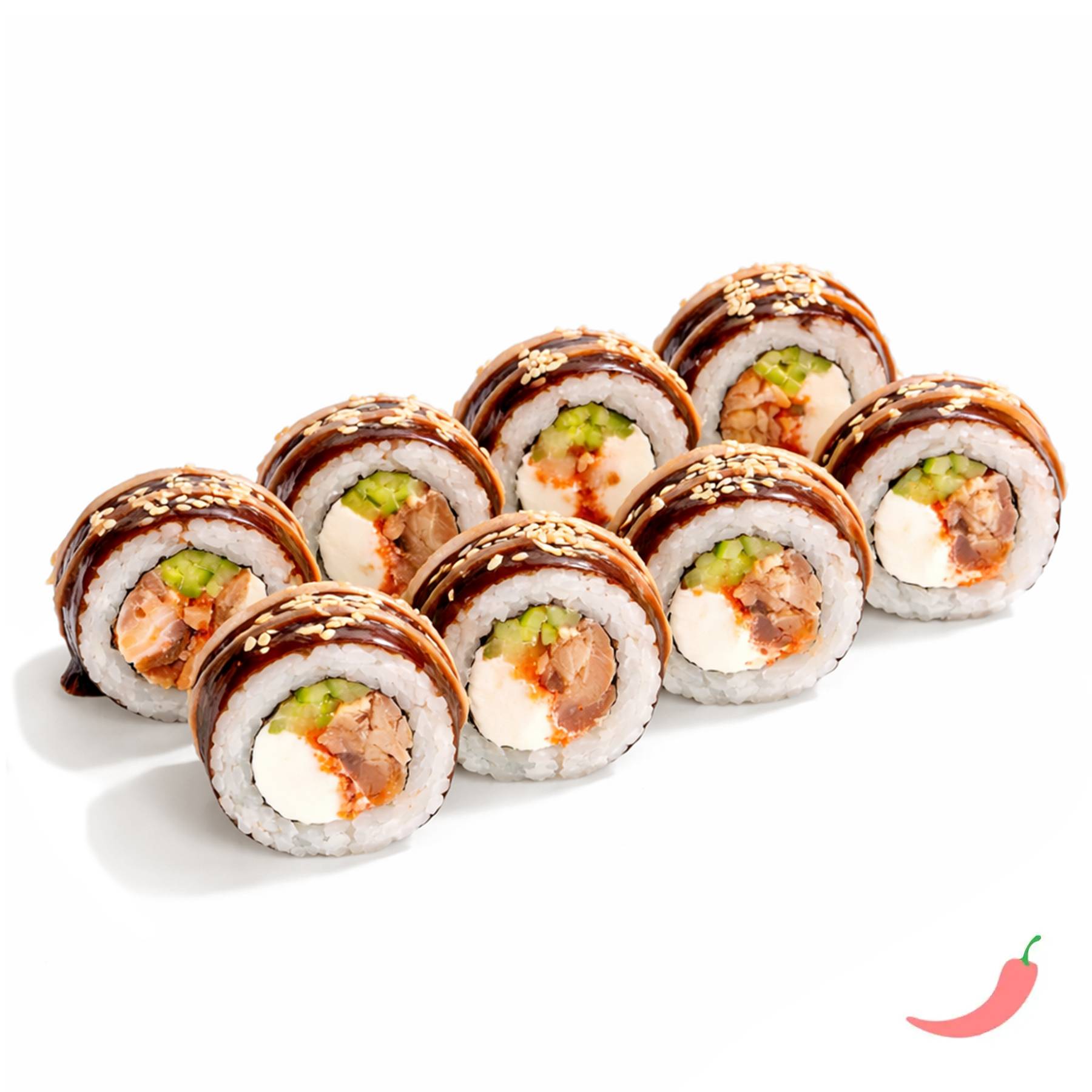 Ролл Лосось Терияки - Лосось терияки, сливочный сыр, японский майонез, икра масаго, хрустящий огурчик, острый соус, унаги и белый кунжут