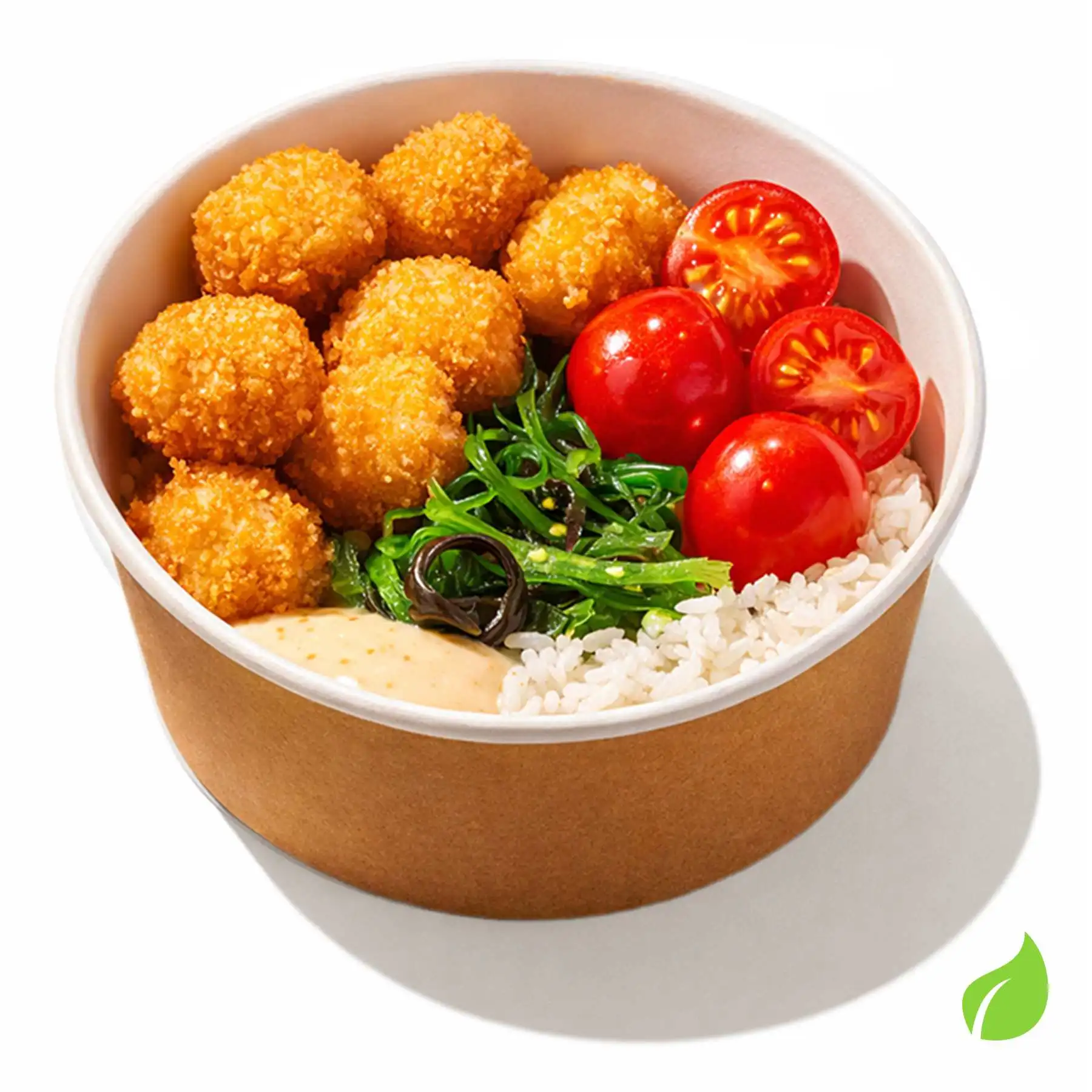 Боул Тофу Кацу - Обжаренные во фритюре кусочки тофу с рисом, томатами черри, водорослями чука ти ореховым соусом.