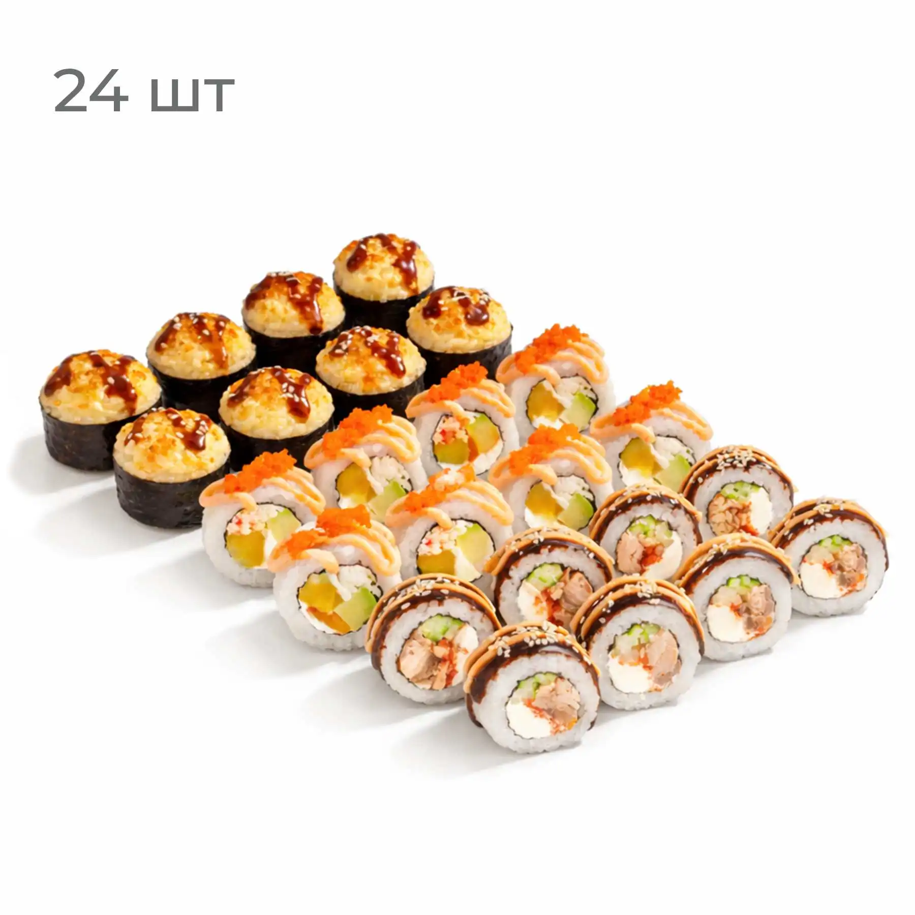 Конничева - Конничева — по-японски означает «Добрый день». Пусть каждый день будет добрым. В составе: Лосось Терияки, Тропический Краб и запеченный ролл Сливочная Креветка