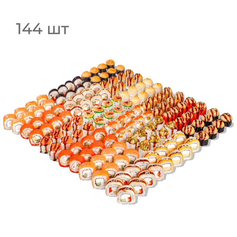 Фейерверк - Праздничный сет из восемнадцати роллов: Филадельфия, Филадельфия с огурцом, ролл с крабом и огурцом, Тропический Краб, Сливочный Угорь, ролл с омлетом и сыром, Лосось Тартар, Угорь Тартар, Креветка Васаби, Сливочная Креветка, Лосось Терияки, Калифорния с крабом, ролл с острым крабом, Горячая Мидия, Сливочный Цыпленок, запеченный ролл Сливочная Креветка, запеченный ролл с цыпленок и жаренным луком, запеченный ролл с крабом и авокадо