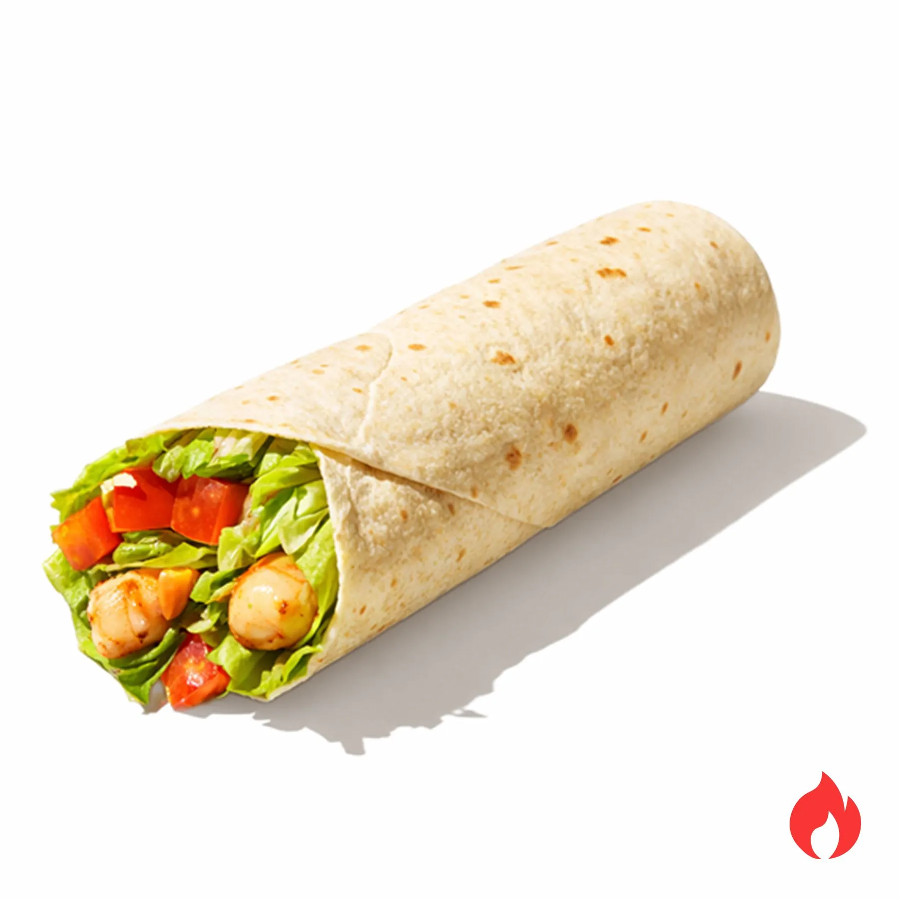 Рап Креветки Том Ям - Холодная закуска с креветками гриль, свежими томатами, хрустящим салатом айсберг и пикантным соусом том ям в тонкой пшеничной лепёшке