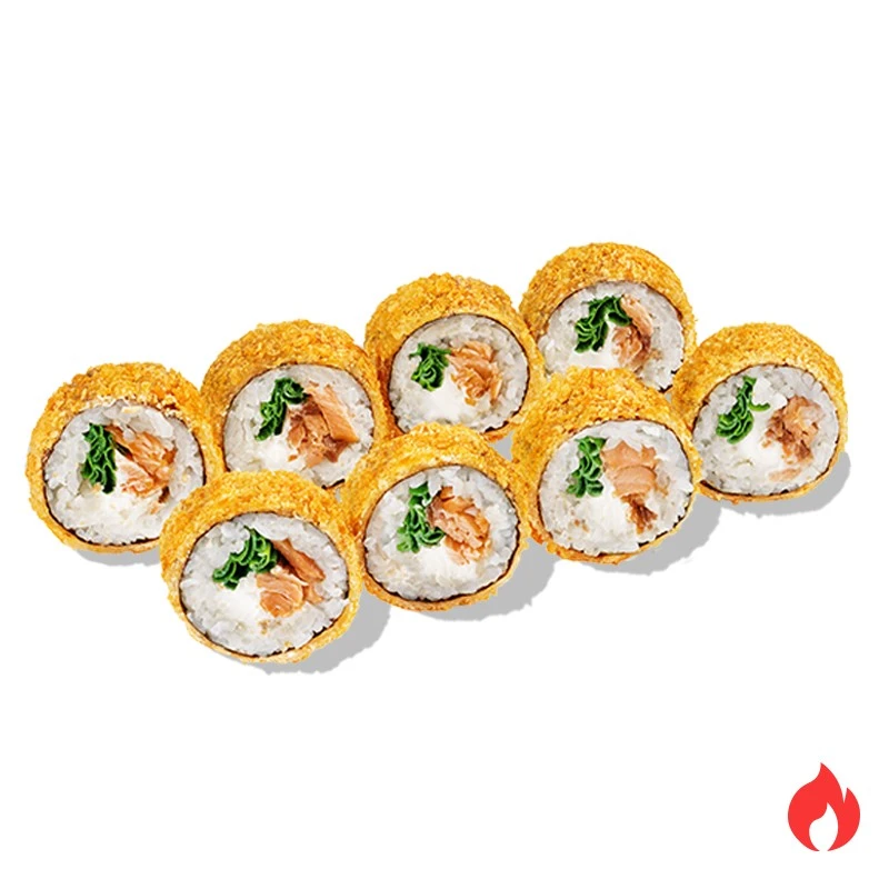 Темпура ролл с лососем, сыром и зелёным луком - Лосось терияки, сливочный сыр, соус шрирачи и зеленый лук