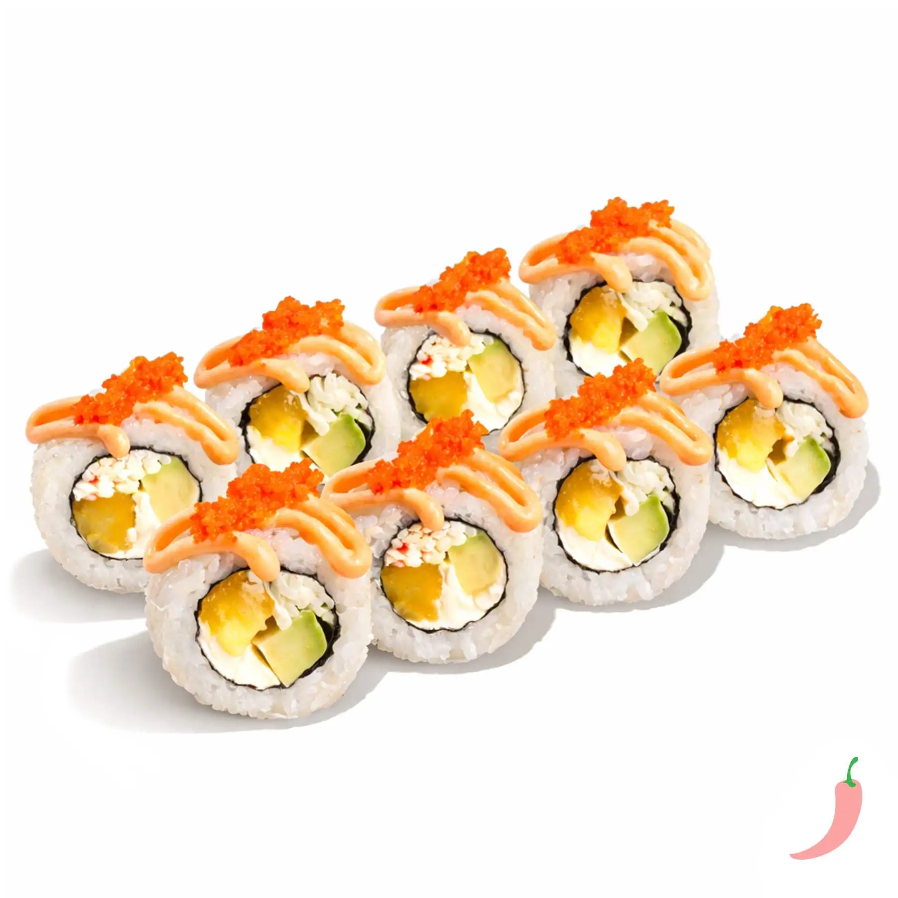 Ролл Тропический Краб - Крабовый микс, спелый авокадо, консервированный манго, сливочный сыр, японский майонез, острый соус, икра масаго