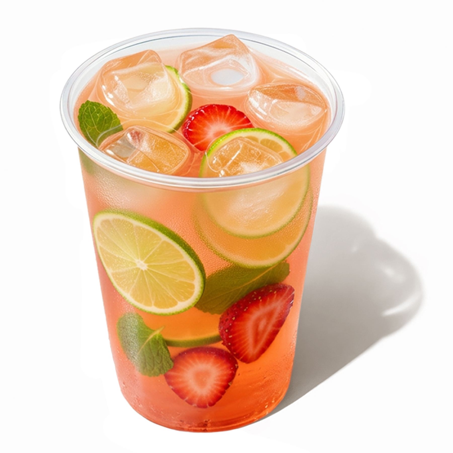 Лимонад клубничный мохито - Клубника, мята, лайм, сироп клубника, сок лимона, газированная вода, лёд