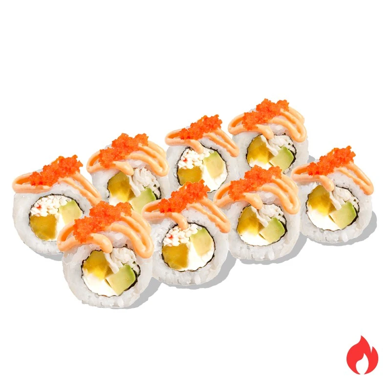 Ролл Тропический Краб - Крабовый микс, спелый авокадо, консервированный манго, сливочный сыр, японский майонез, острый соус, икра масаго