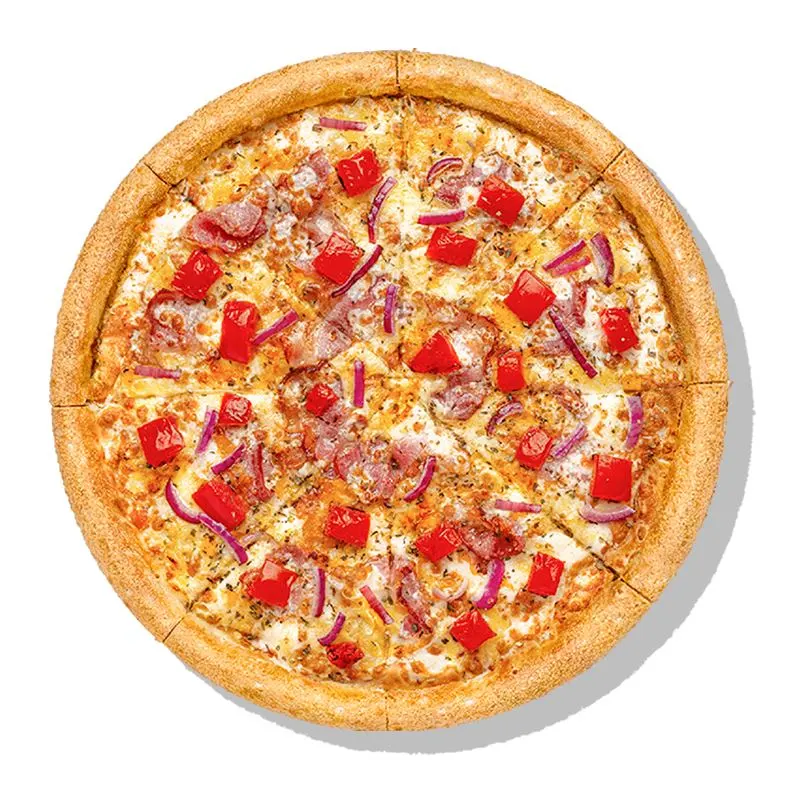 Карбонара - Бекон, томаты, красный лук, сыры чеддер и пармезан, моцарелла, сливочный соус, чеснок, яичный желток и итальянские травы