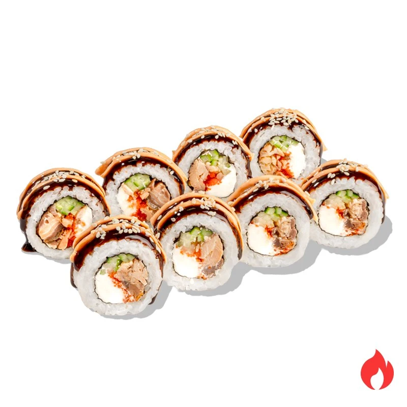 Ролл Лосось Терияки - Лосось терияки, сливочный сыр, японский майонез, икра масаго, хрустящий огурчик, острый соус, унаги и белый кунжут