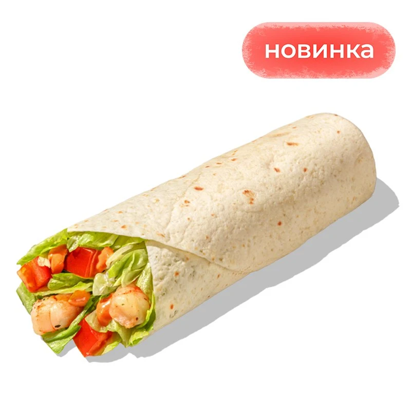 Рап Креветки Том Ям - Холодная закуска с креветками гриль, свежими томатами, хрустящим салатом айсберг и пикантным соусом том ям в тонкой пшеничной лепёшке