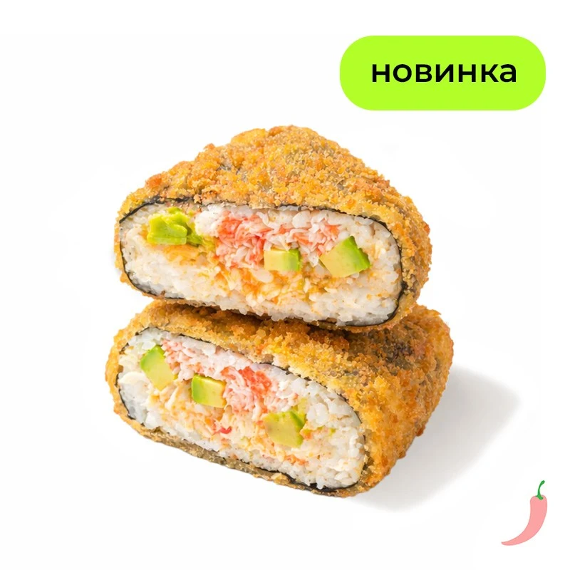 Онигири темпура с крабом - Спелый авокадо, крабовый микс, соус шрирача и рис завернутые в нори и обжаренные в кляре
