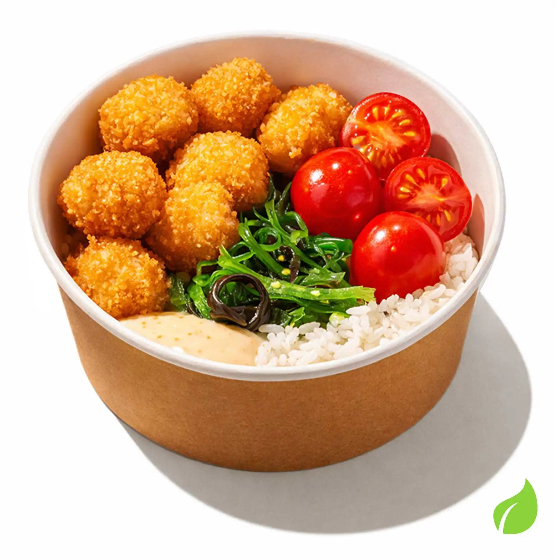 Боул Тофу Кацу - Обжаренные во фритюре кусочки тофу с рисом, томатами черри, водорослями чука ти ореховым соусом.