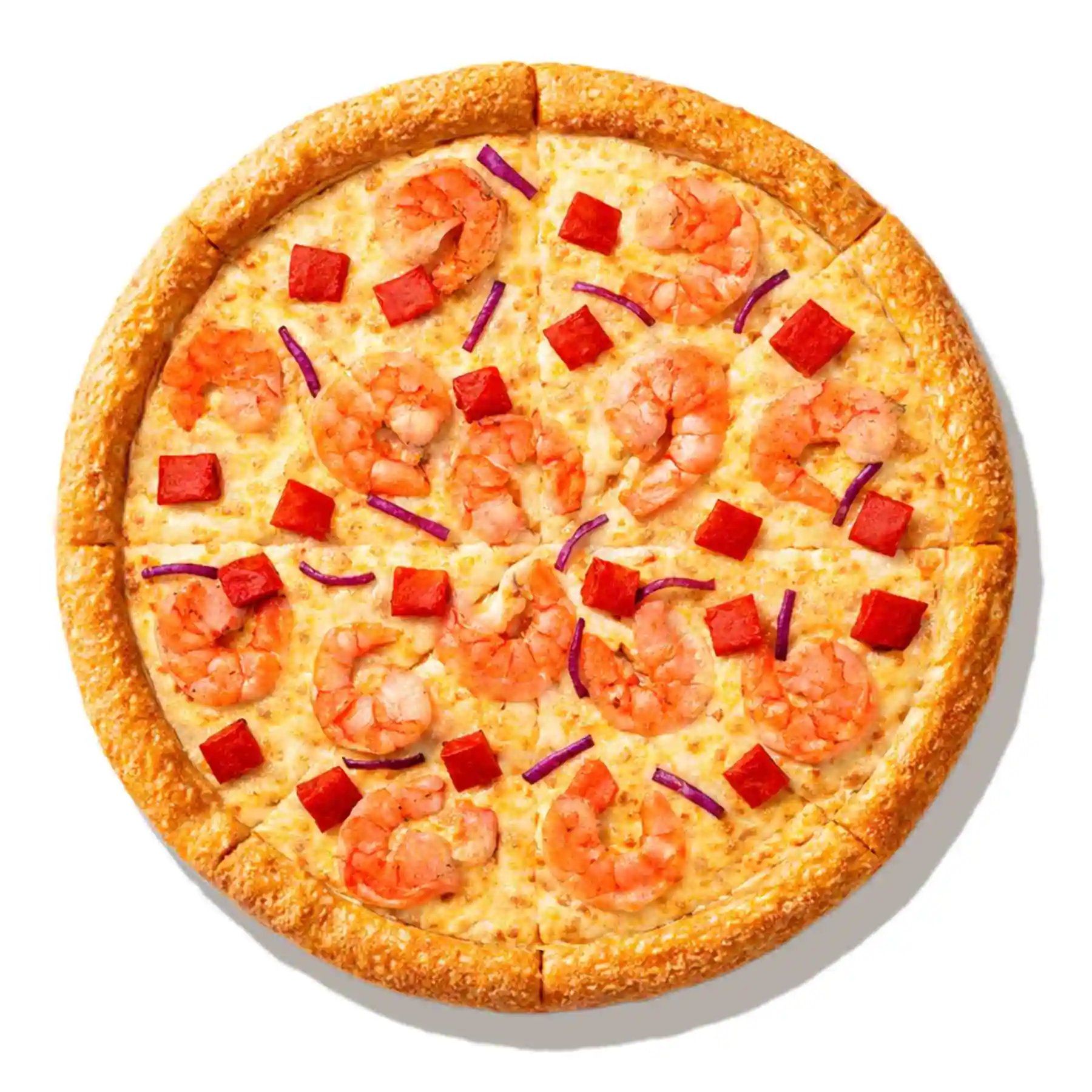 Сливочная с креветками - Королевские креветки, томаты, лук, чеснок, сыр чеддер, моцарелла и сливочный соус