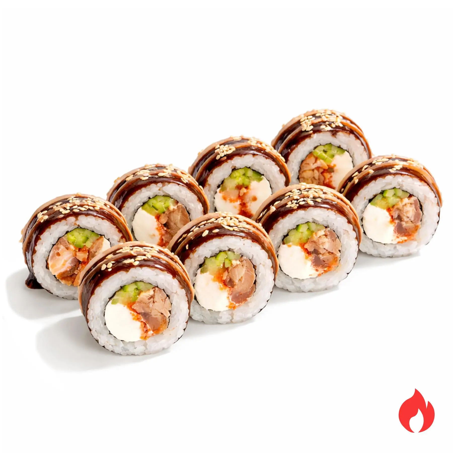 Ролл Лосось Терияки - Лосось терияки, сливочный сыр, японский майонез, икра масаго, хрустящий огурчик, острый соус, унаги и белый кунжут