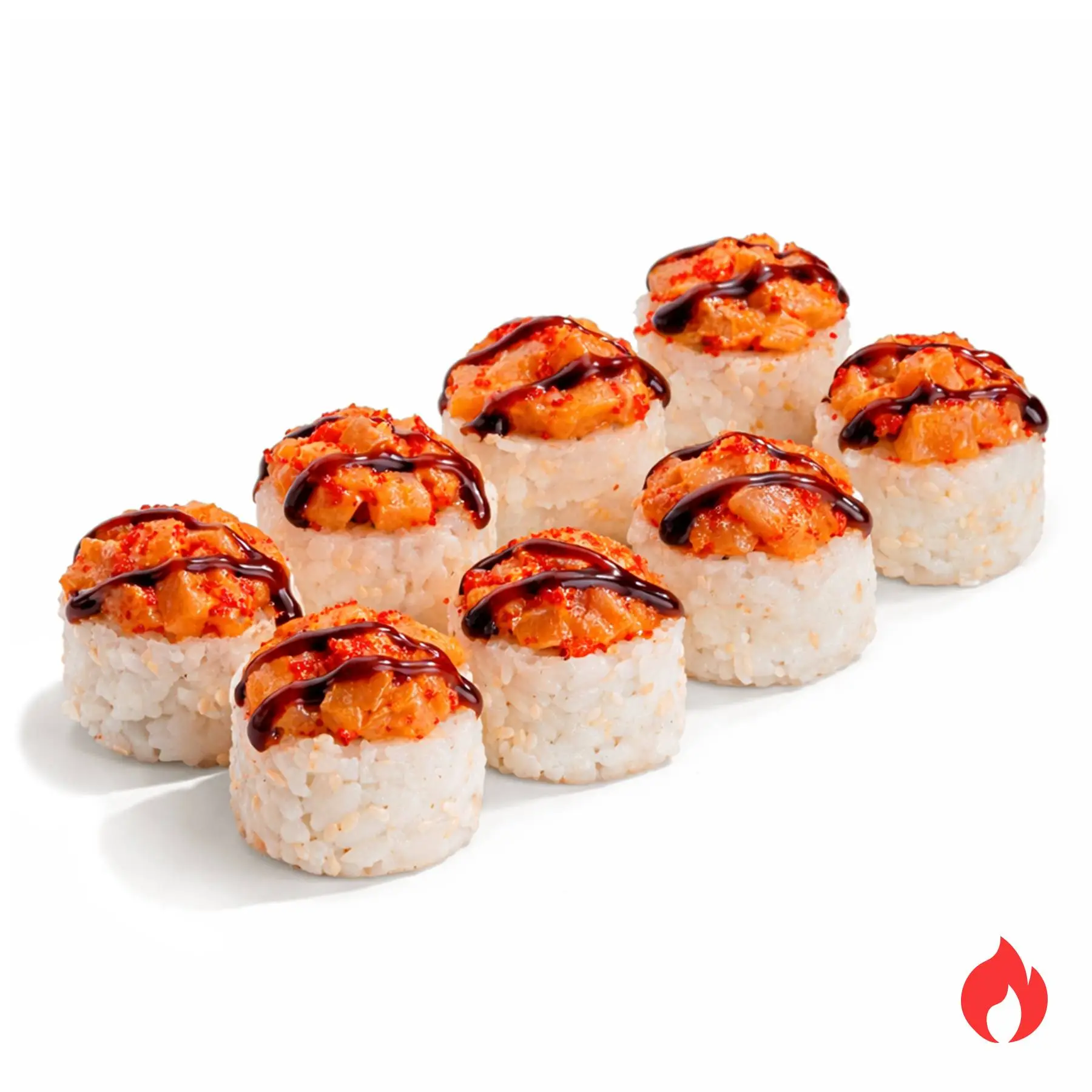 Ролл Лосось Тартар - Тартар из лосося, икры масаго и пикантного соуса, двойная порция сливочного сыра, хрустящий огурчик, соус унаги и белый кунжут