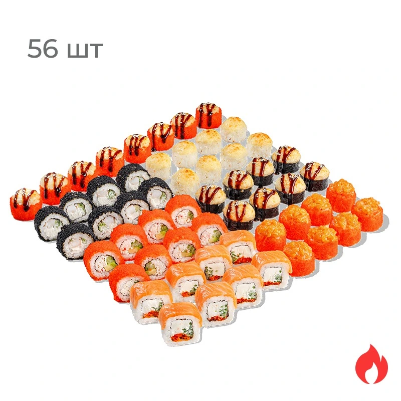 Великолепная Семерка - Сливочный Лосось, Калифорния с крабом, Черная Жемчужина, Фудзи, Сливочный Цыпленок, запеченный ролл Сливочная Креветка и ролл с острым крабом