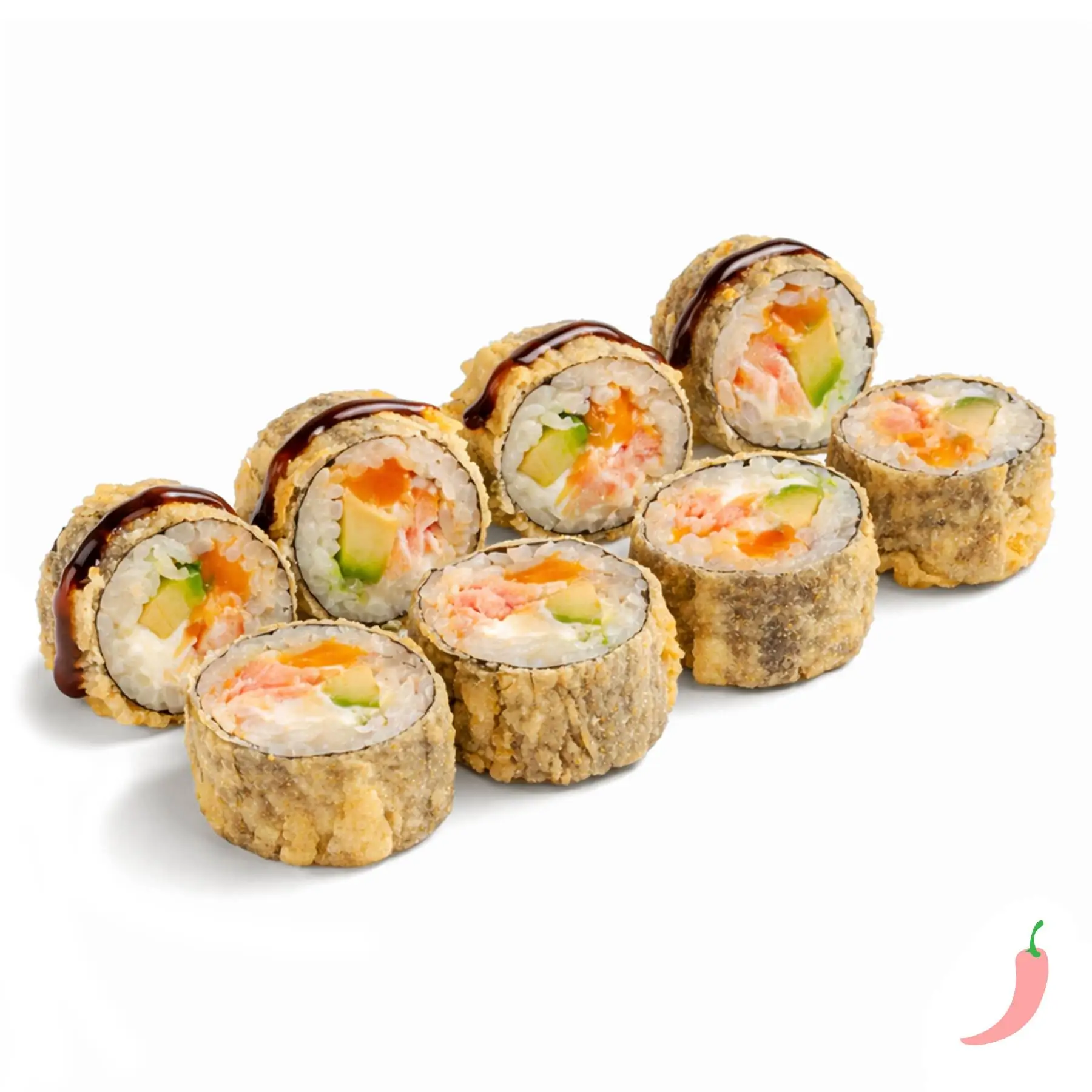 Темпура ролл с лососем - Свежий лосось, спелое авокадо, сыр чеддер, сливочный сыр, пикантный соус, кляр и соус унаги