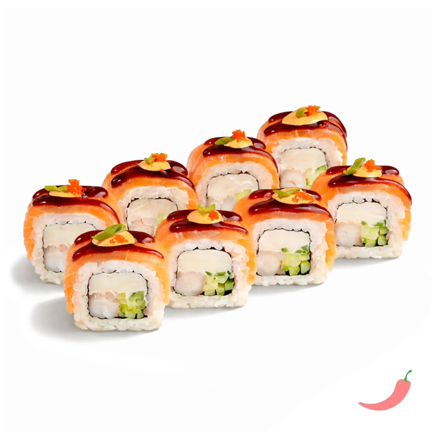 Ролл Филадельфия Никкей - Свежий лосось, ароматные креветки, хрустящий огурчик, сливочный сыр, икра масаго, зеленый лук, соус унаги и пикантный соус