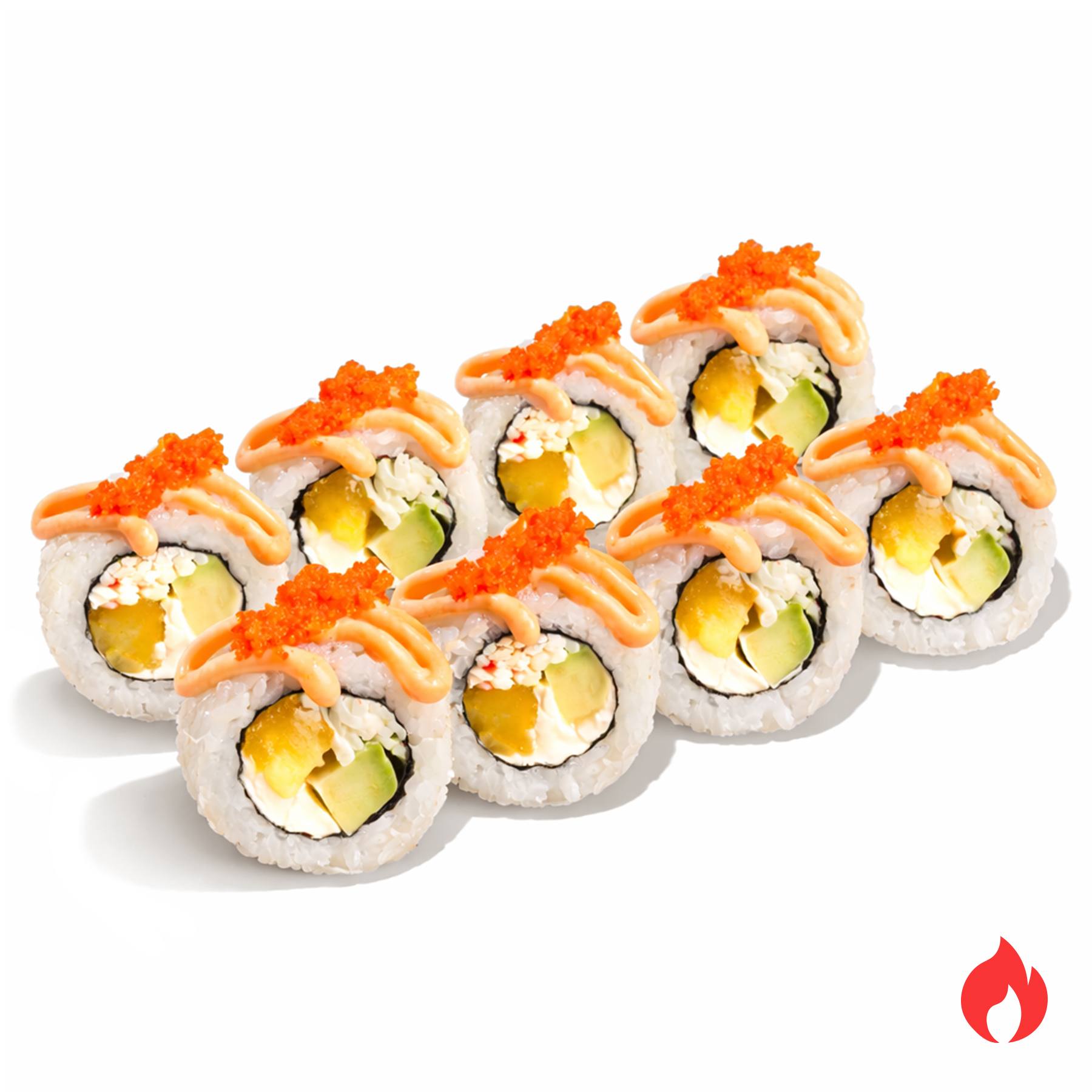 Ролл Тропический Краб - Крабовый микс, спелый авокадо, консервированный манго, сливочный сыр, японский майонез, острый соус, икра масаго