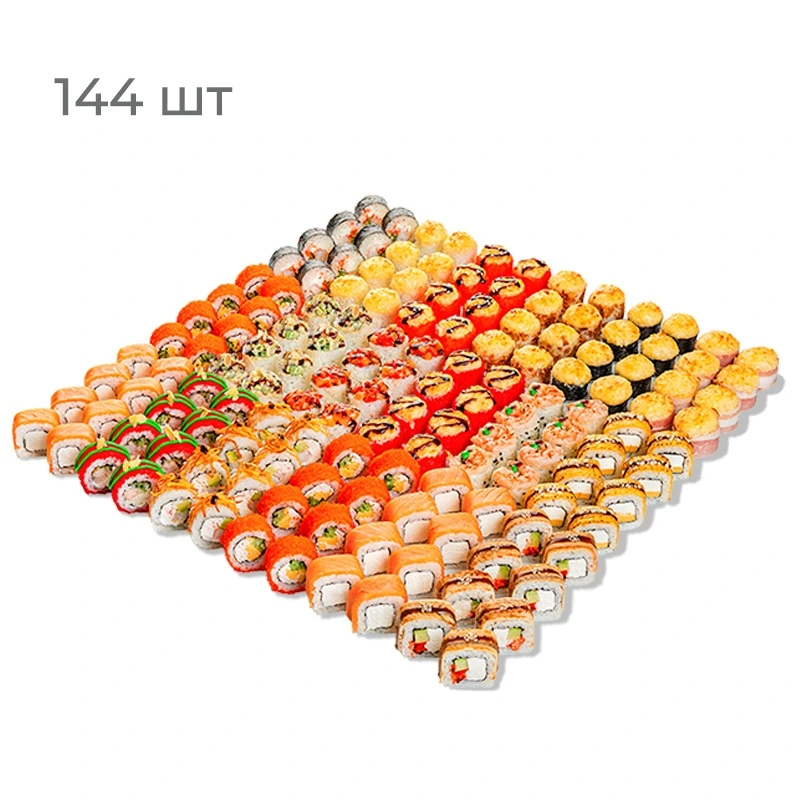 Фейерверк - Праздничный сет из восемнадцати роллов: Филадельфия, Филадельфия с огурцом, ролл с крабом и огурцом, Тропический Краб, Сливочный Угорь, ролл с омлетом и сыром, Лосось Тартар, Угорь Тартар, Креветка Васаби, Сливочная Креветка, Лосось Терияки, Калифорния с крабом, ролл с острым крабом, Горячая Мидия, Сливочный Цыпленок, запеченный ролл Сливочная Креветка, запеченный ролл с цыпленок и жаренным луком, запеченный ролл с крабом и авокадо