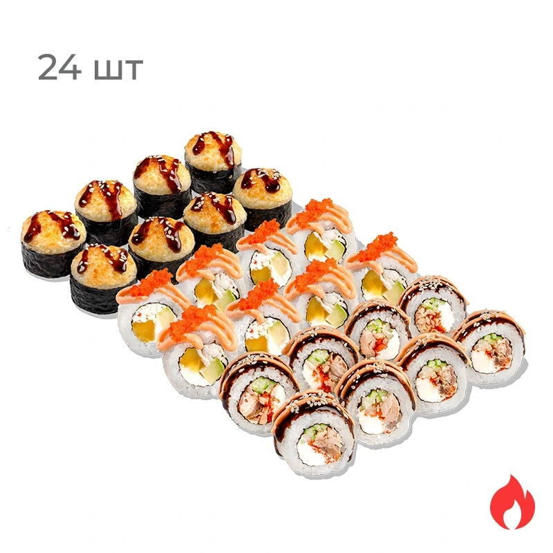 Конничева - Конничева — по-японски означает «Добрый день». Пусть каждый день будет добрым. В составе: Лосось Терияки, Тропический Краб и запеченный ролл Сливочная Креветка