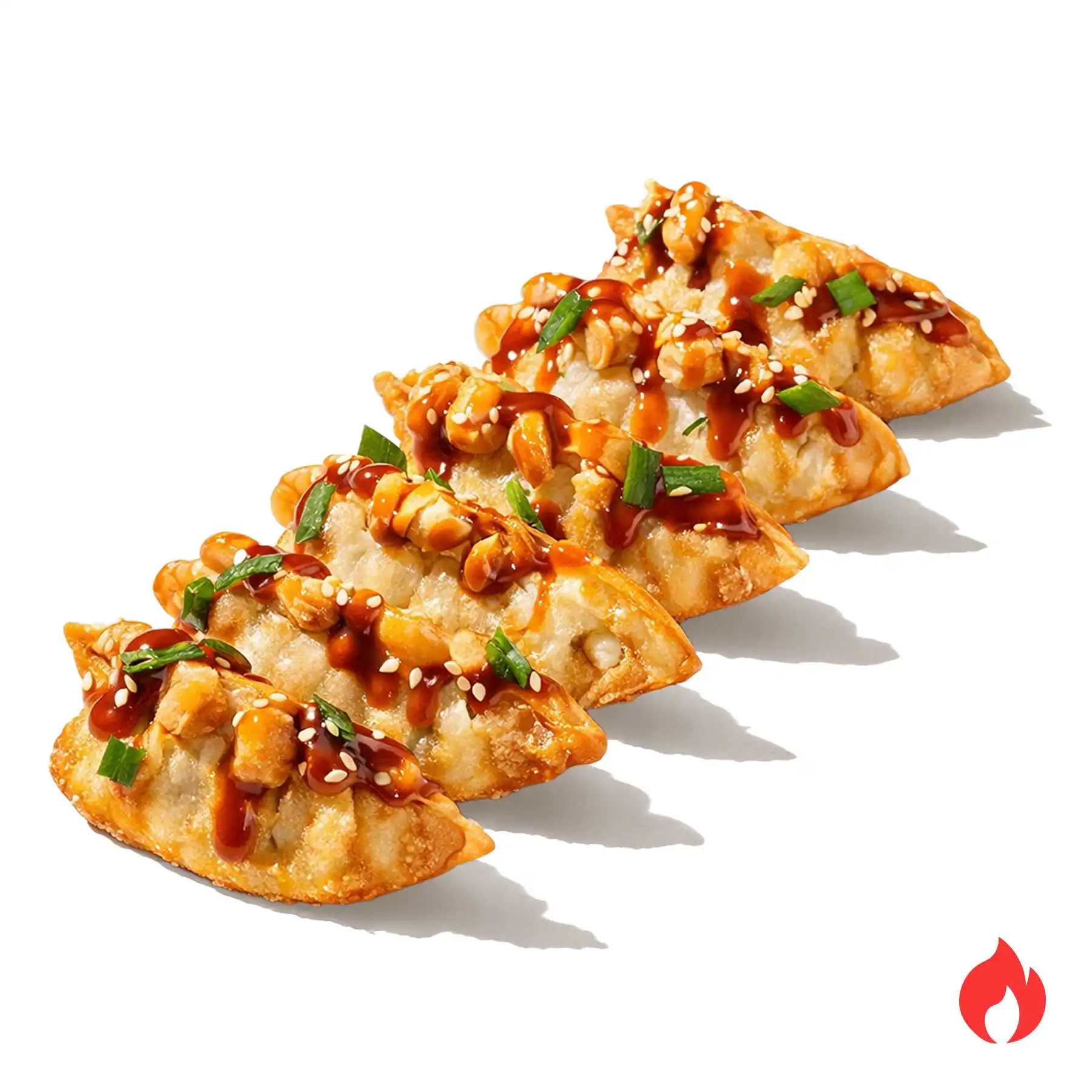 Гедза со свининой - Обжаренные во фритюре японские пельмешки со свининой под соусом тонкацу, шрирача и зеленым луком