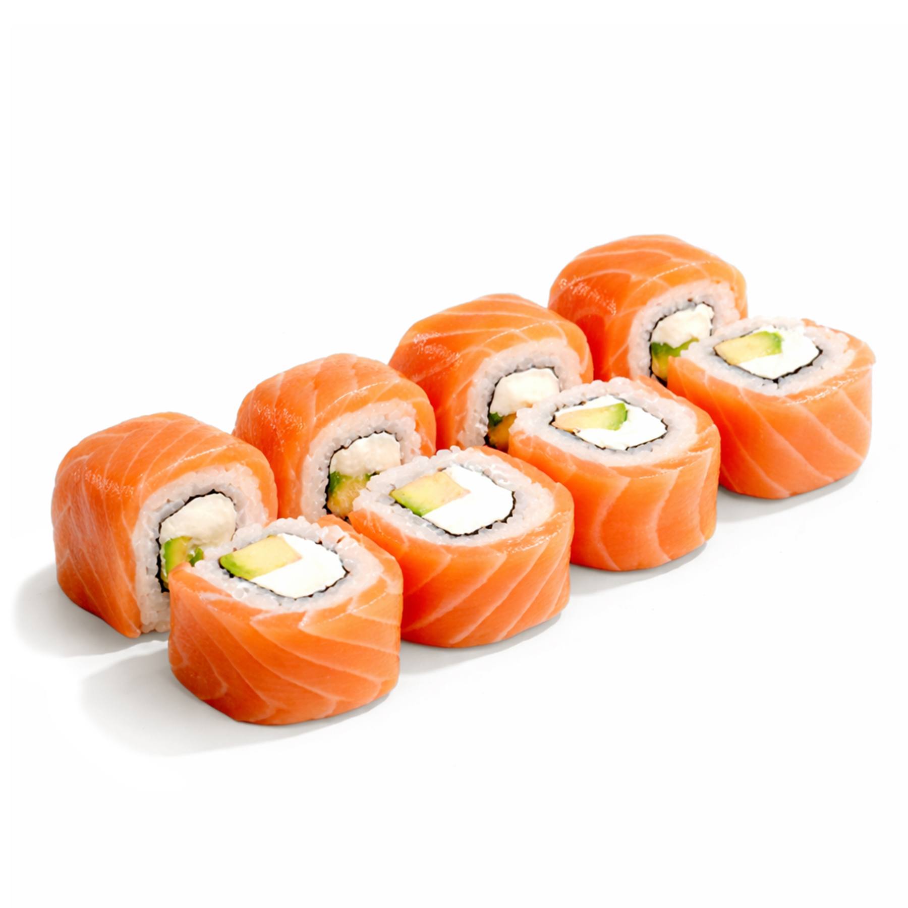 Ролл Филадельфия с авокадо - Ролл со сливочным сыром и спелым авокадо, обернутый лентой свежего лосося с трех сторон