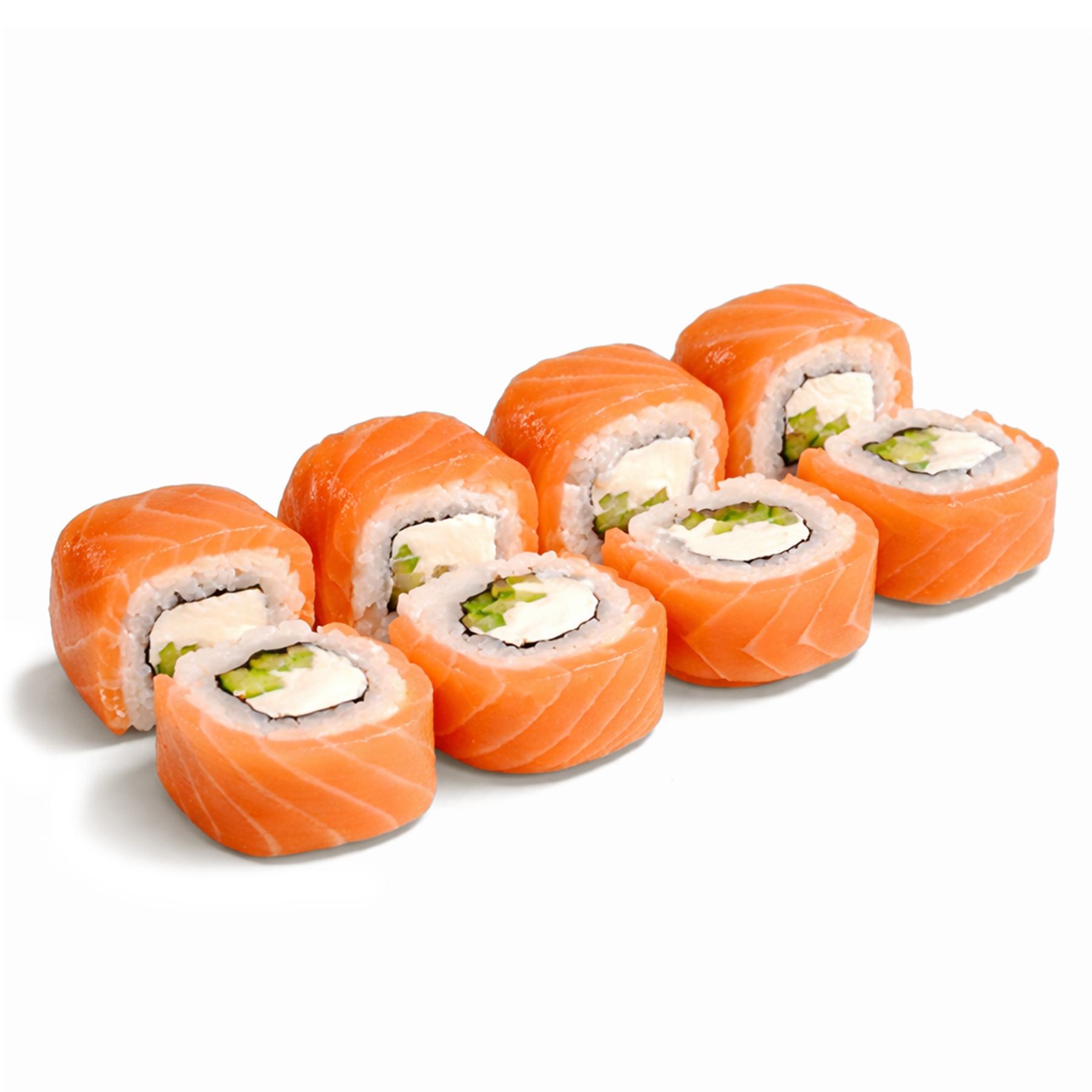 Ролл Филадельфия с огурцом - Ролл со сливочным сыром и хрустящим огурчиком, обернутый лентой свежего лосося с трех сторон