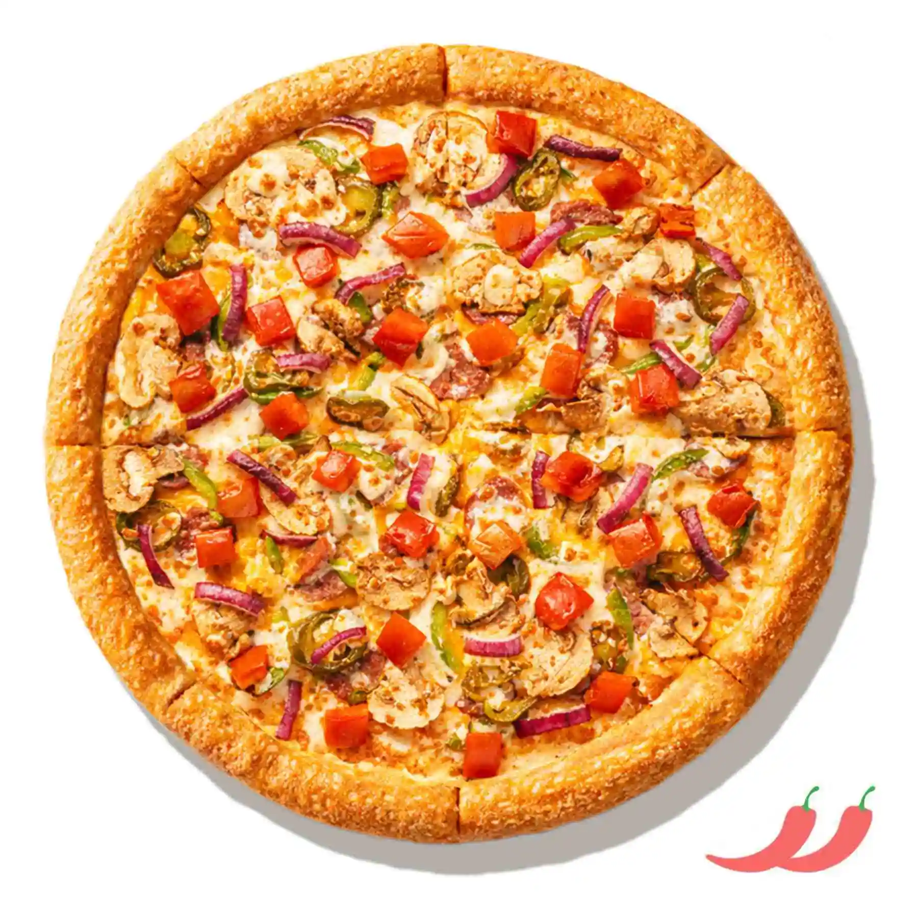 Нью Мексико - Цыплёнок, сладкий перец, томаты, шампиньоны, красный лук, острый перчик халапеньо, сыры чеддер и моцарелла, соус 1000 островов