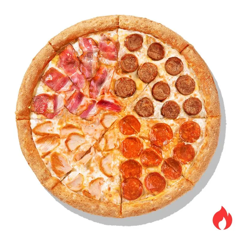 Мясной Микс - Итальянские колбаски, цыплленок, острая чоризо, бекон, сыр чеддер, моцарелла, сливочный соус и фирменный томатный соус