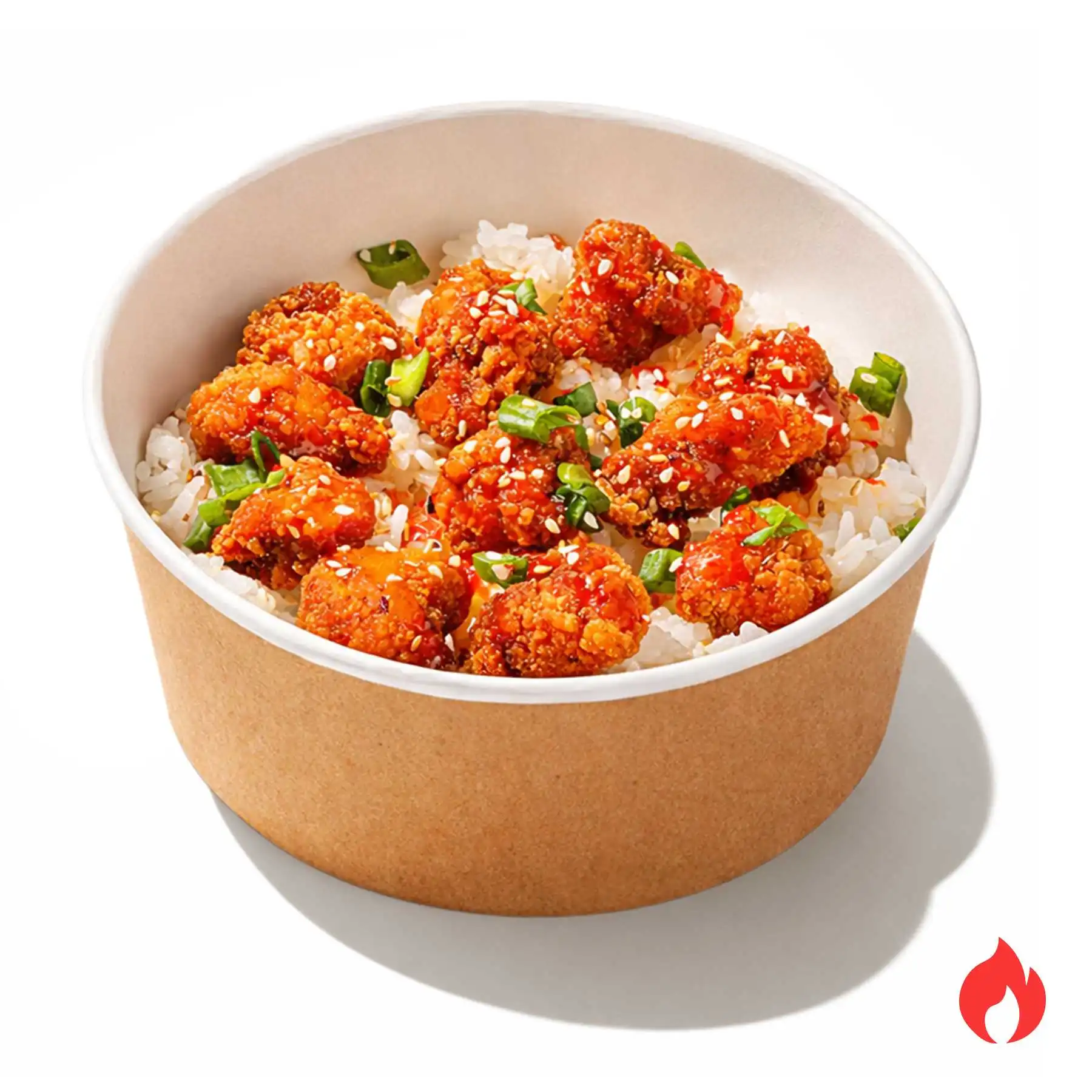 Боул с цыпленком по-корейски - Обжаренные во фритюре куриные кусочки с рисом, зеленым луком и сеульским соусом с арахисом