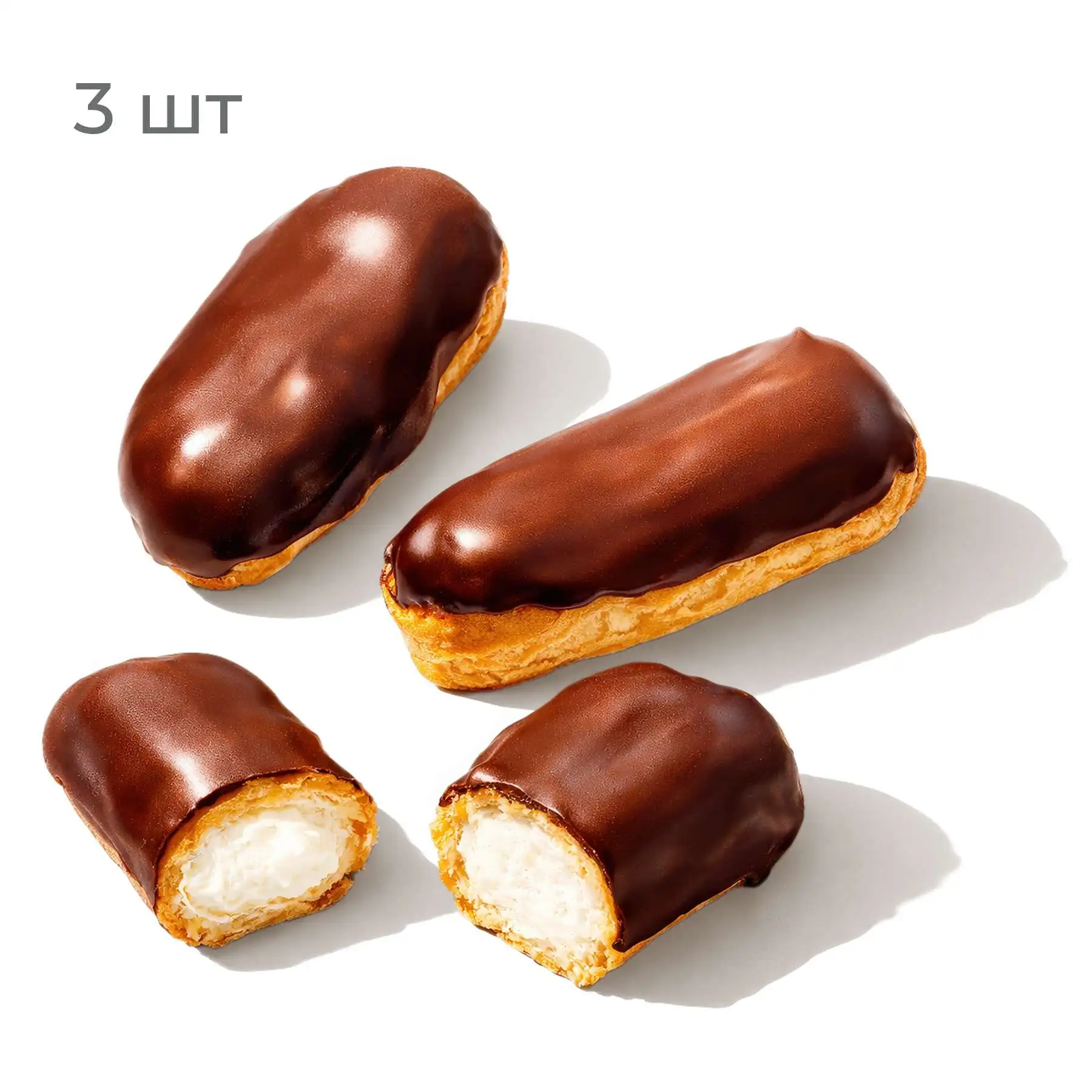 Мини-эклеры с заварным кремом, 3 шт - Великолепное трио! Популярный десерт с нежнейшей начинкой для чая, кофе и хорошей компании.