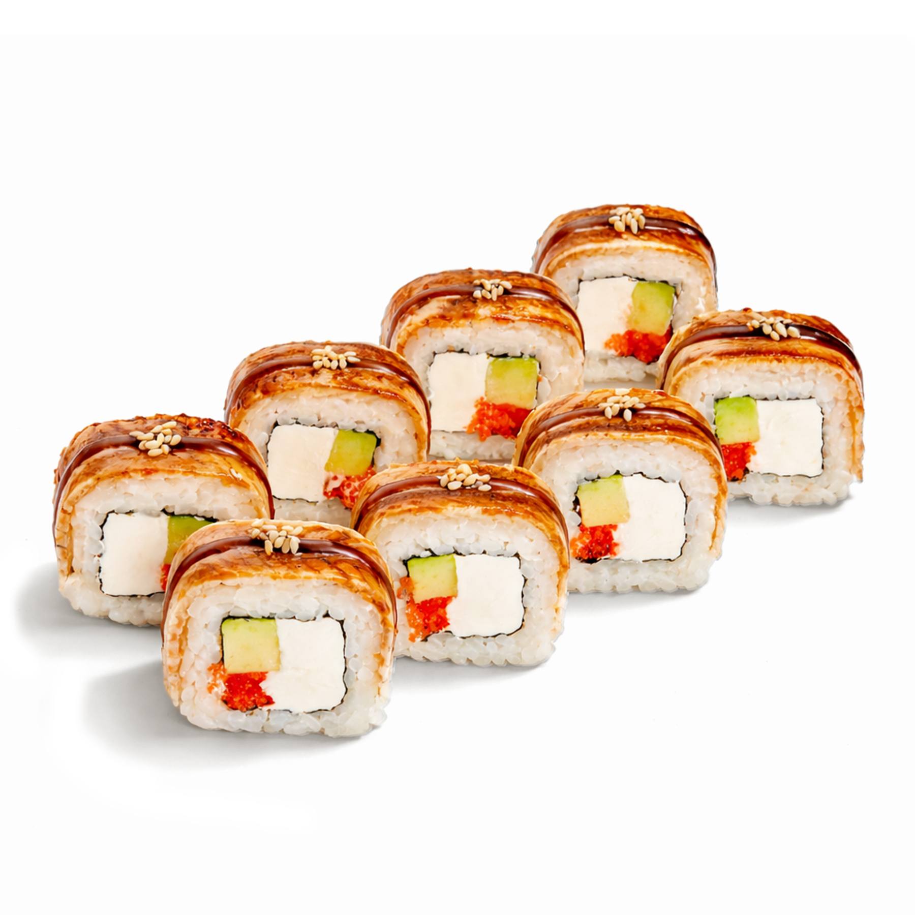 Ролл Сливочный Угорь - Жареный угорь, спелый авокадо, сливочный сыр, икра масаго, соус унаги и белый кунжут